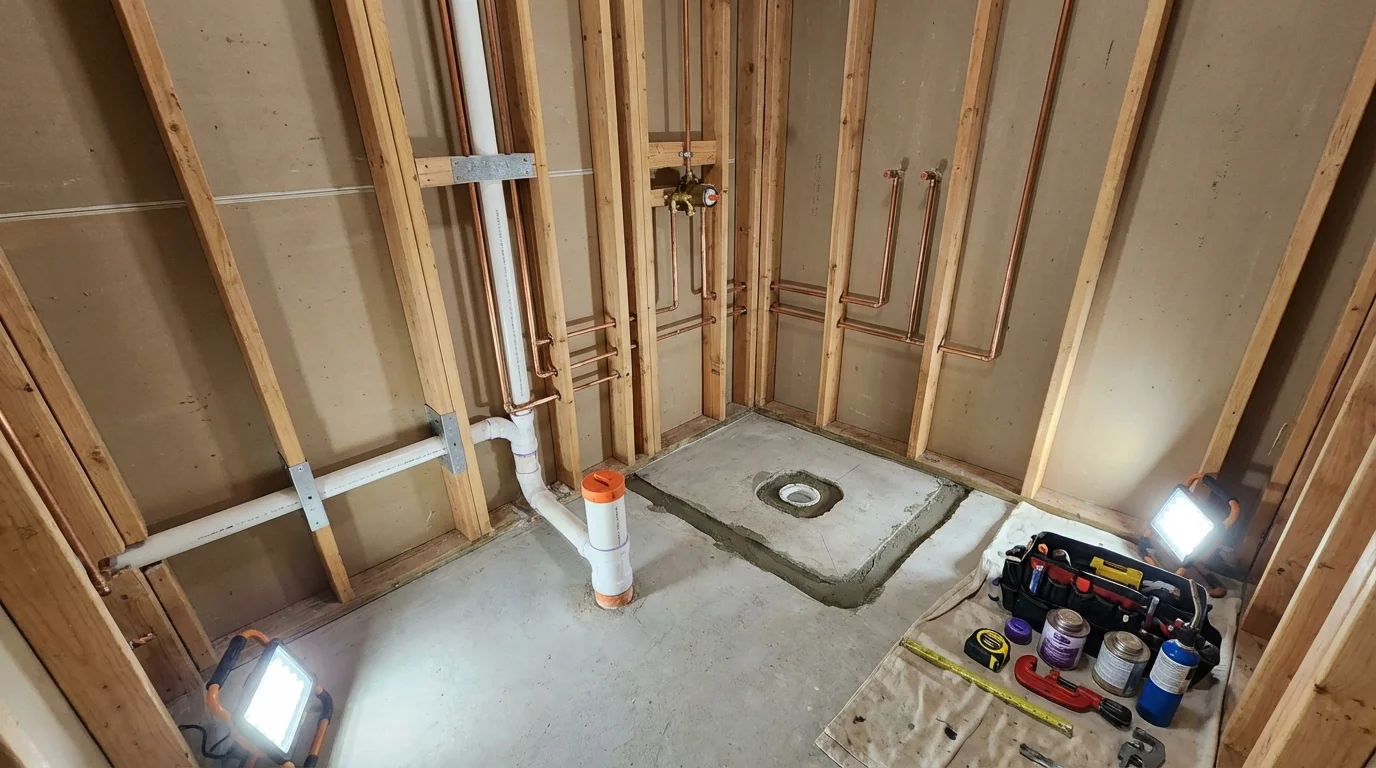 Bathroom rough-in plumbing during remodel by Johns Plumbing LLC in Meridianville