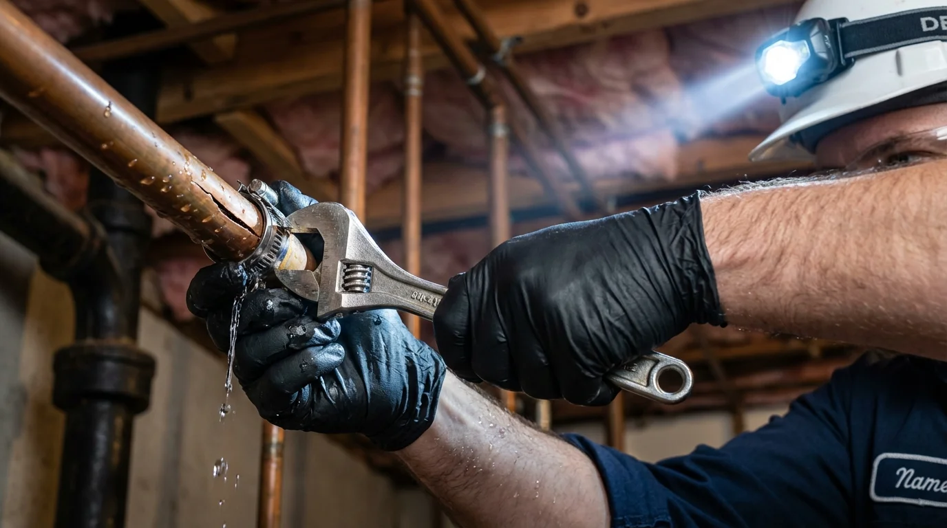 Emergency pipe clamp repair being performed by a Johns Plumbing LLC plumber in Meridianville