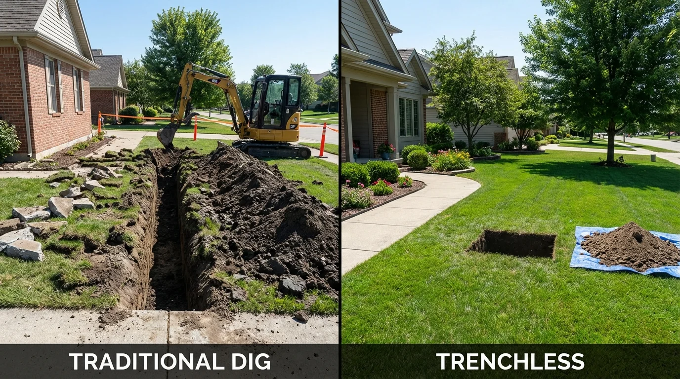 Trenchless sewer repair with minimal yard damage versus traditional excavation in Meridianville, AL