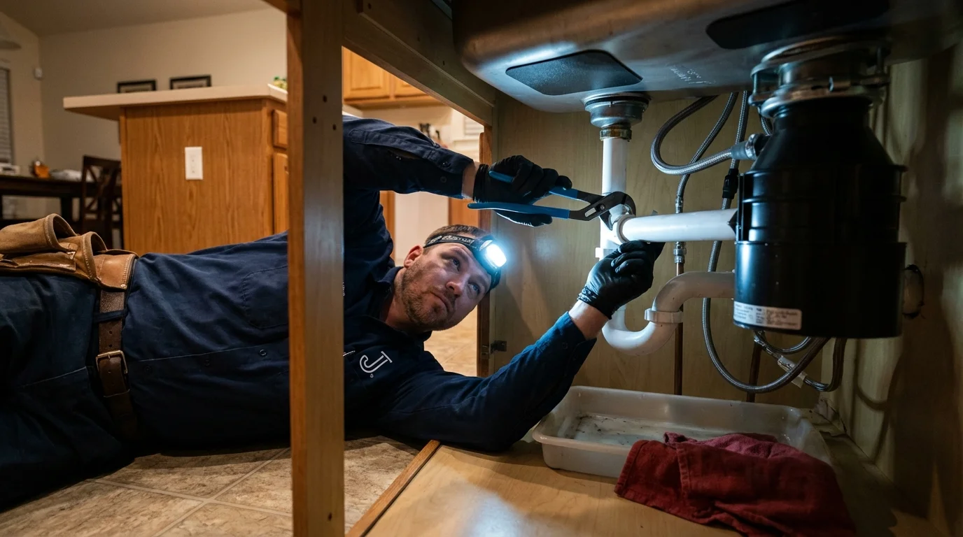 P-trap and supply line connections under a kitchen sink showing a common leak point in Meridianville, AL